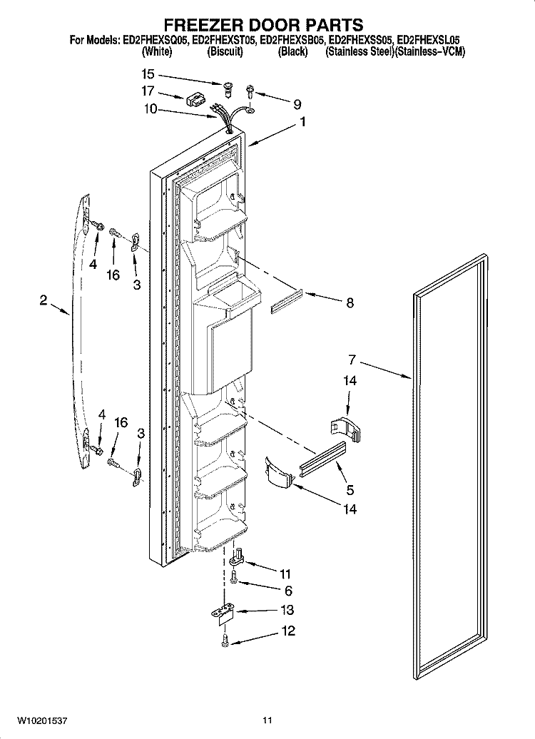 FREEZER DOOR PARTS Diagram and Parts List for ED2FHEXST05  Whirlpool Refrigerator