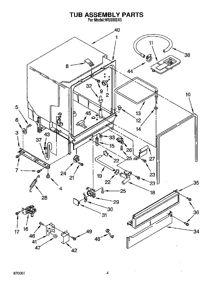 TUB ASSEMBLY, LIT/OPTIONAL Diagram and Parts List for WU3000X5  Roper Dishwasher