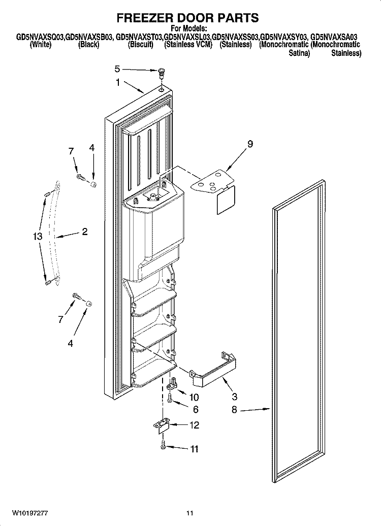 FREEZER DOOR PARTS Diagram and Parts List for GD5NVAXSB03  Whirlpool Refrigerator
