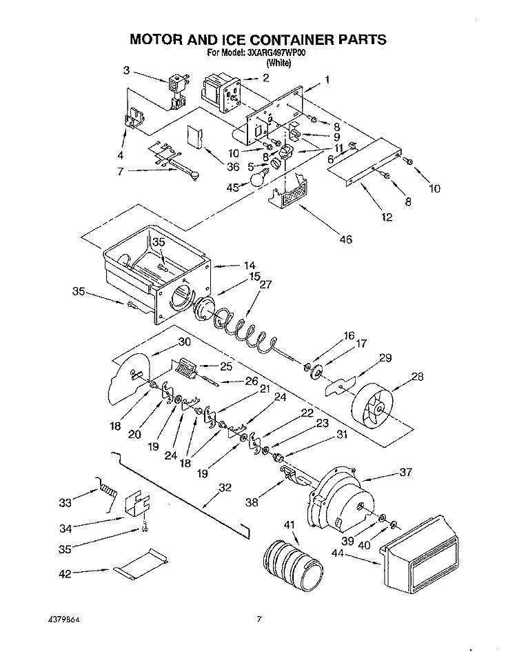 MOTOR AND ICE CONTAINER Diagram and Parts List for 3XARG497WP00  Whirlpool Refrigerator
