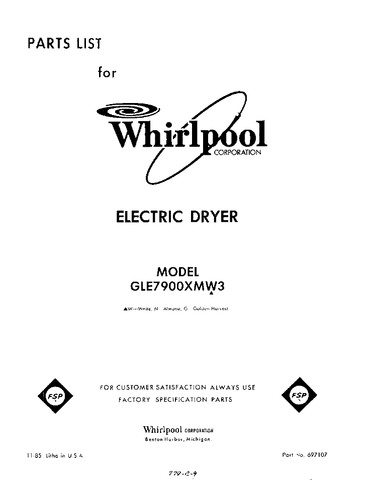 SECTION Diagram and Parts List for GLE7900XMW3  Whirlpool Dryer