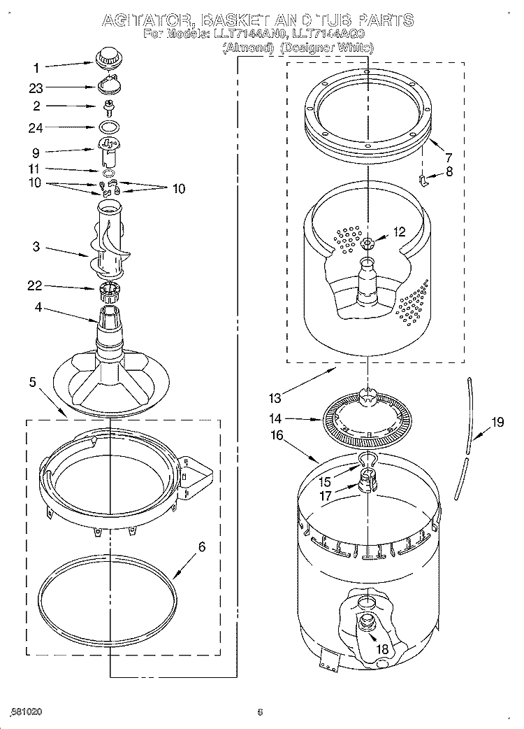 AGITATOR, BASKET AND TUB Diagram and Parts List for LLT7144AN0  Whirlpool Washer