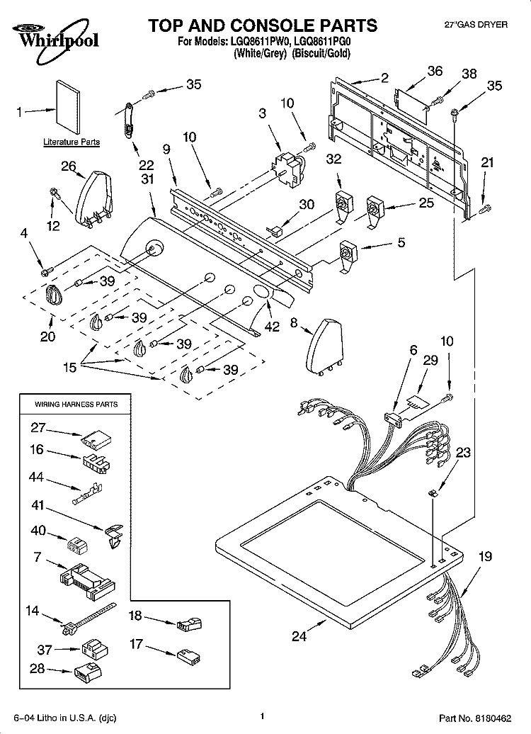 TOP AND CONSOLE PARTS Diagram and Parts List for LGQ8611PG0  Whirlpool Dryer