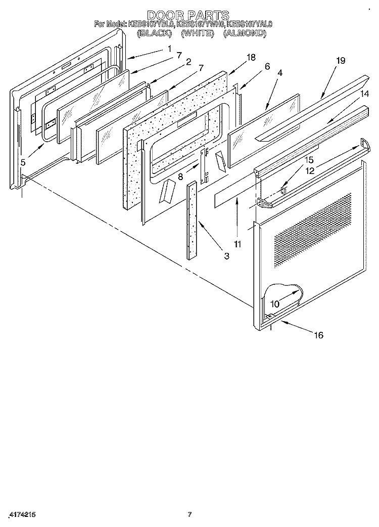 DOOR Diagram and Parts List for KEBS107YAL0  KitchenAid Wall Oven