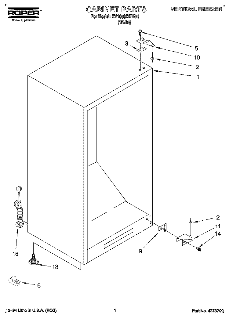 CABINET Diagram and Parts List for RV1088RBW00  Roper Freezer