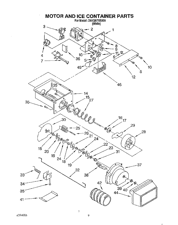 MOTOR AND ICE CONTAINER Diagram and Parts List for 3XKGN705000  Whirlpool Refrigerator
