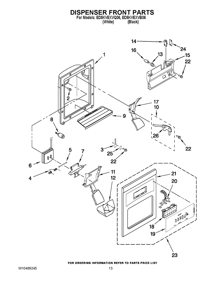 DISPENSER FRONT PARTS Diagram and Parts List for ED5KVEXVB06  Whirlpool Refrigerator