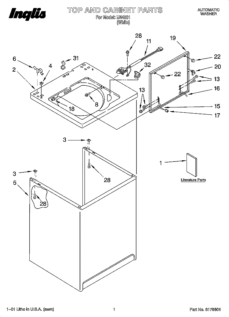 TOP AND CABINET PARTS Diagram and Parts List for IJ44001  Inglis Washer