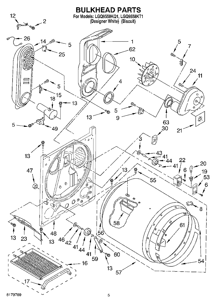 BULKHEAD Diagram and Parts List for LGQ9558KQ1  Whirlpool Dryer