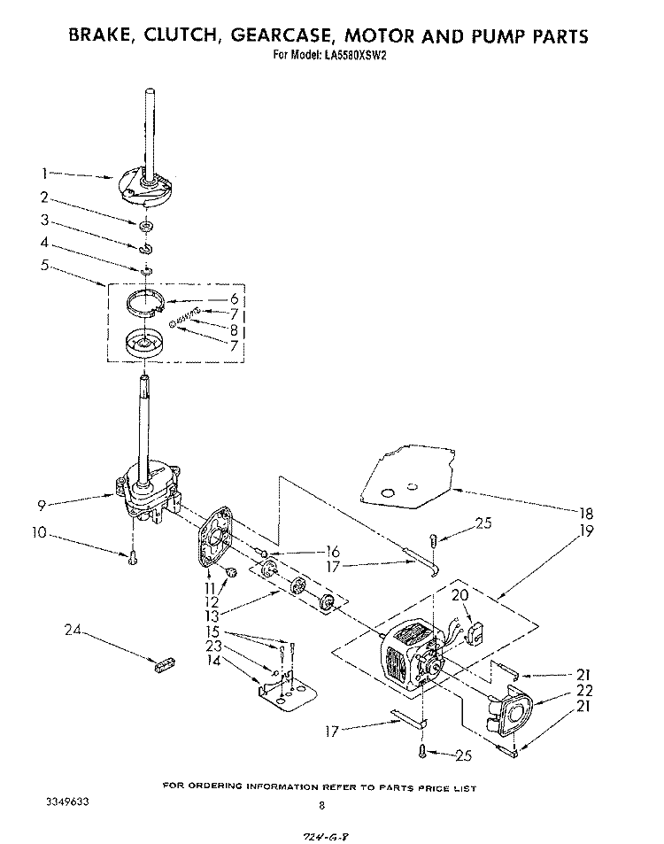 BRAKE, CLUTCH, GEARCASE, MOTOR AND PUMP Diagram and Parts List for LA5580XSW2  Whirlpool Washer