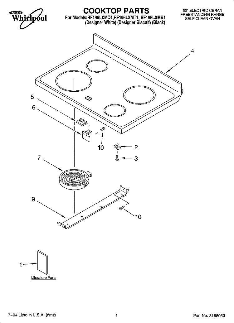 COOKTOP PARTS Diagram and Parts List for RF196LXMQ1  Whirlpool Range