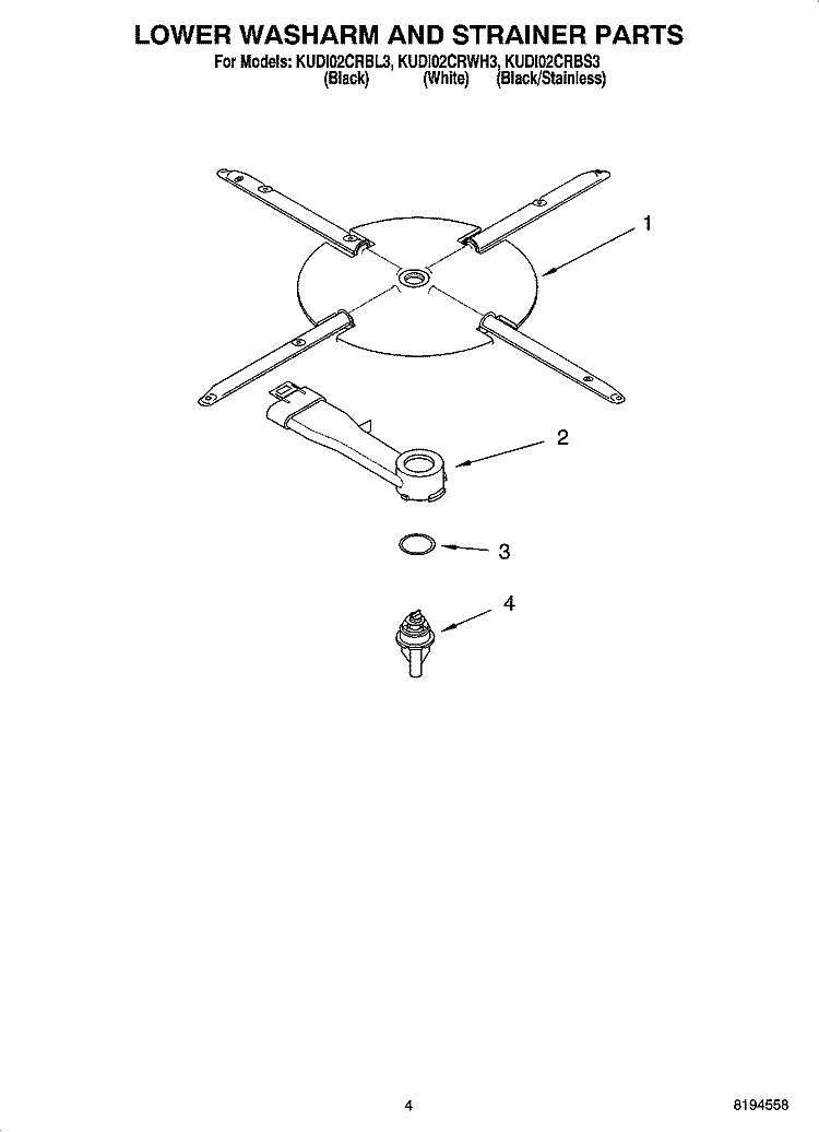 LOWER WASHARM AND STRAINER PARTS Diagram and Parts List for KUDI02CRWH3  KitchenAid Dishwasher