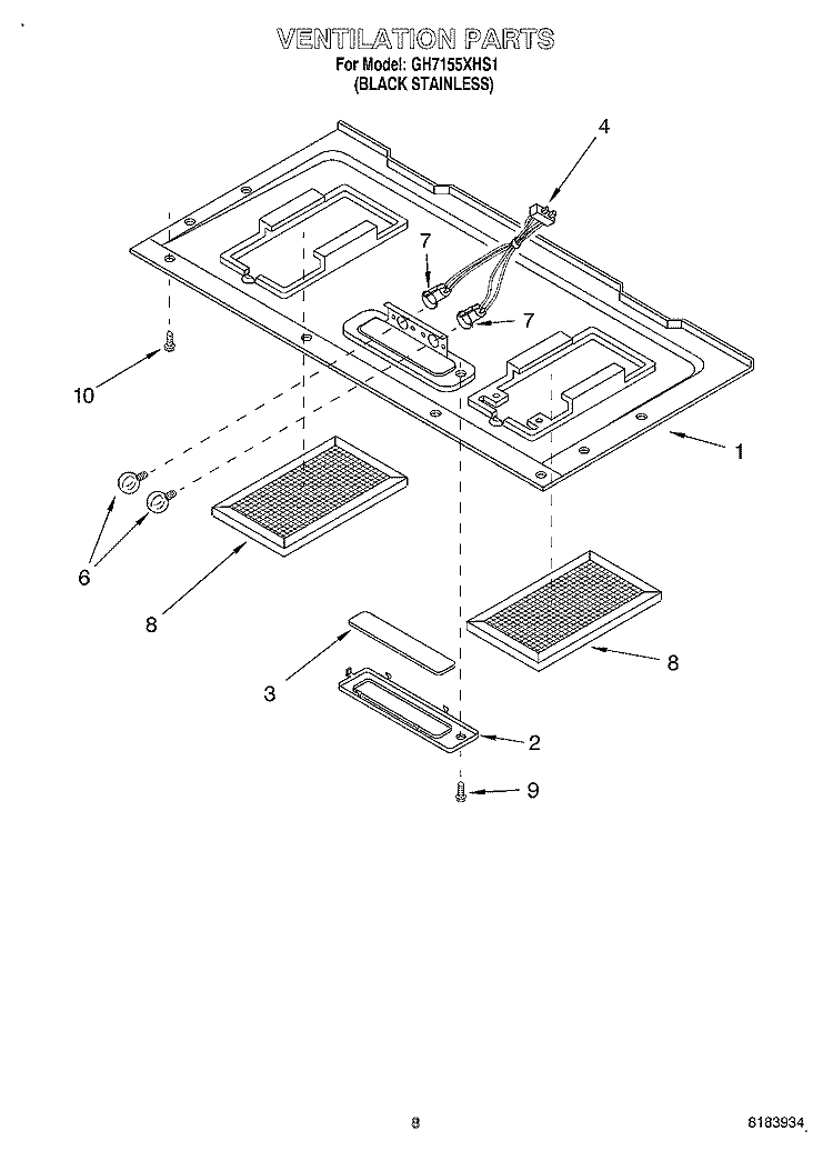 VENTILATION Diagram and Parts List for GH7155XHS1  Whirlpool Microwave