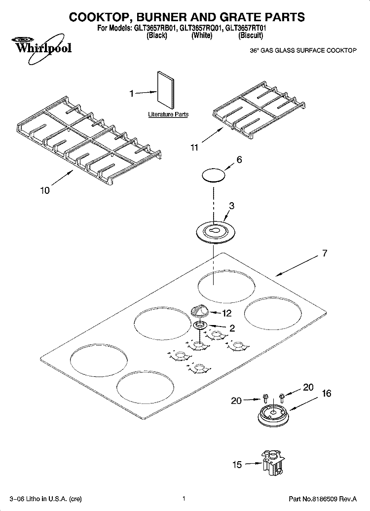 COOKTOP, BURNER AND GRATE PARTS Diagram and Parts List for GLT3657RB01  Whirlpool Cooktop
