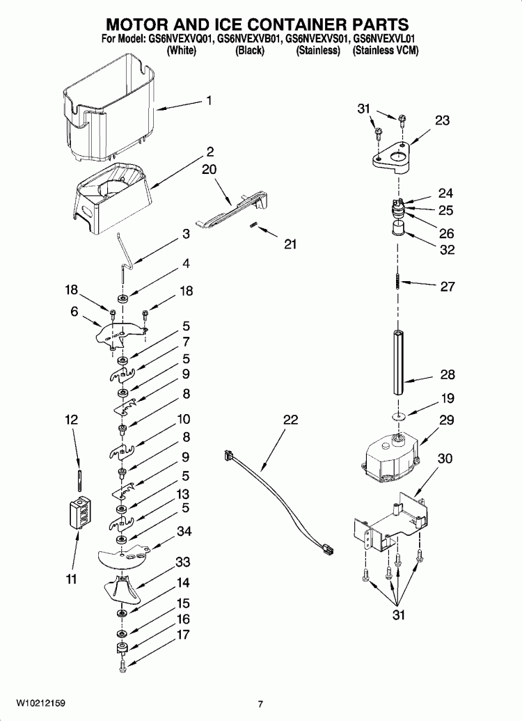 MOTOR AND ICE CONTAINER PARTS Diagram and Parts List for GS6NVEXVS01  Whirlpool Refrigerator