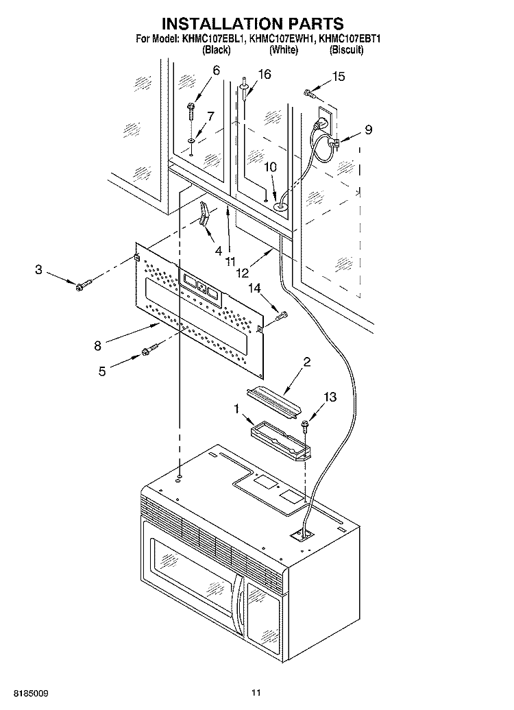 INSTALLATION PARTS Diagram and Parts List for KHMC107EBL1  KitchenAid Microwave
