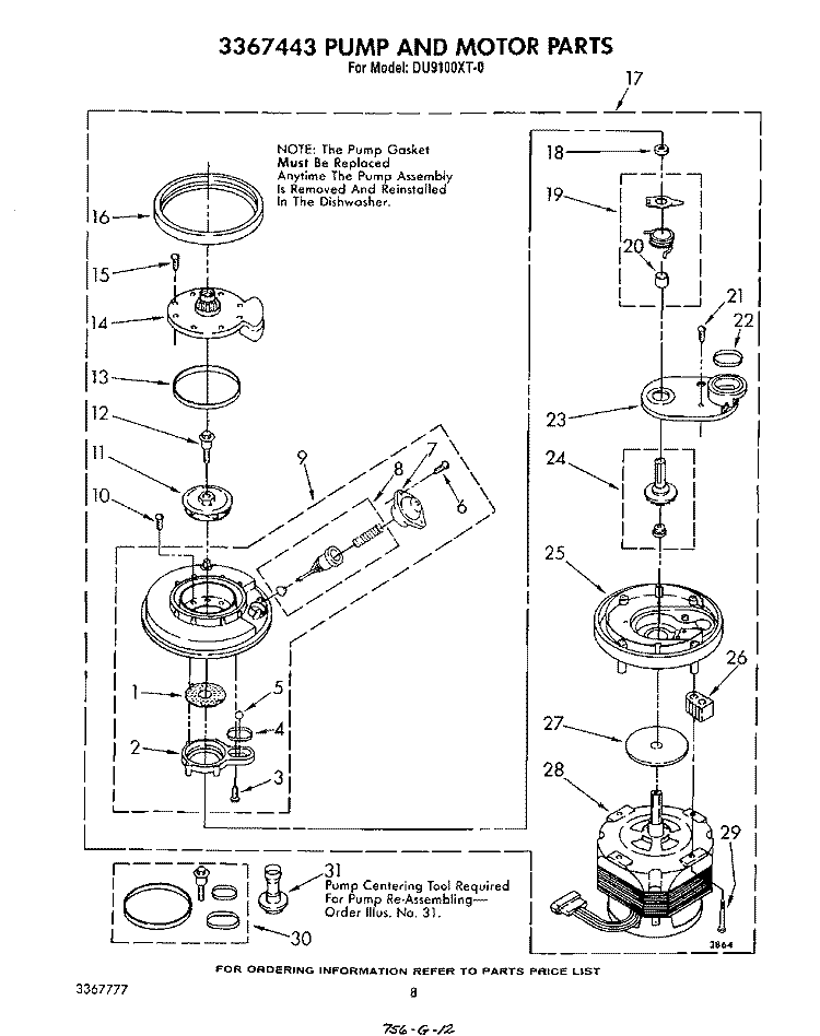 3367443 PUMP AND MOTOR Diagram and Parts List for DU9100XT0  Whirlpool Dishwasher