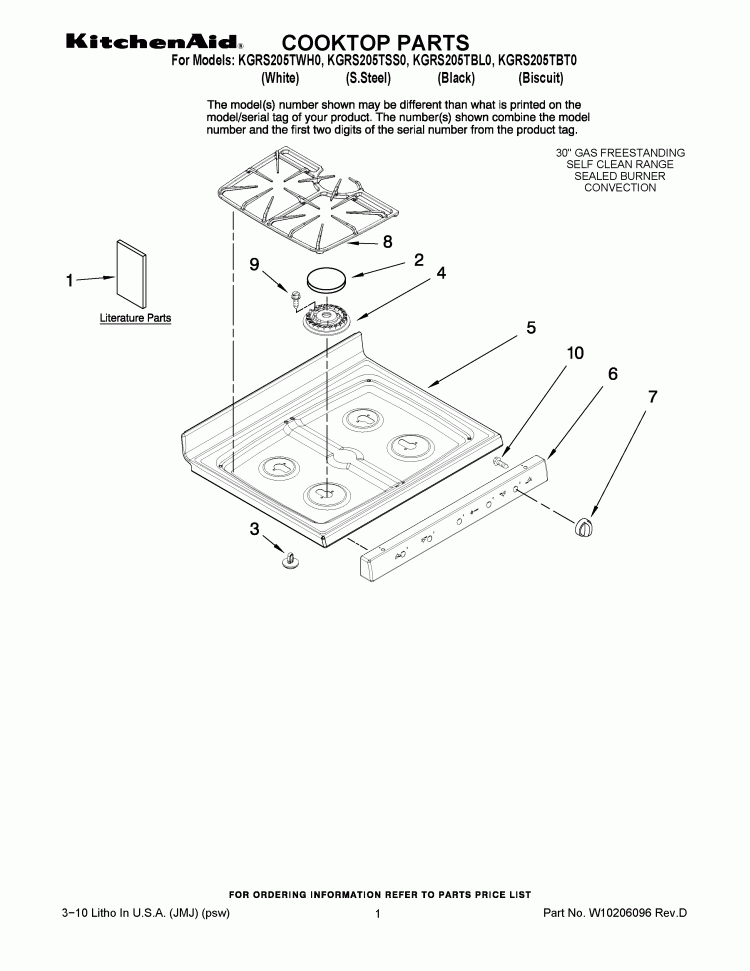 COOKTOP PARTS Diagram and Parts List for KGRS205TSS0  KitchenAid Range