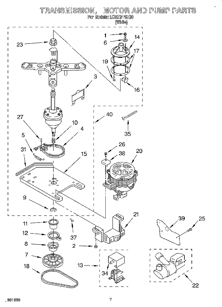 TRANSMISSION, MOTOR AND PUMP Diagram and Parts List for LCR7244HQ0  Whirlpool Washer