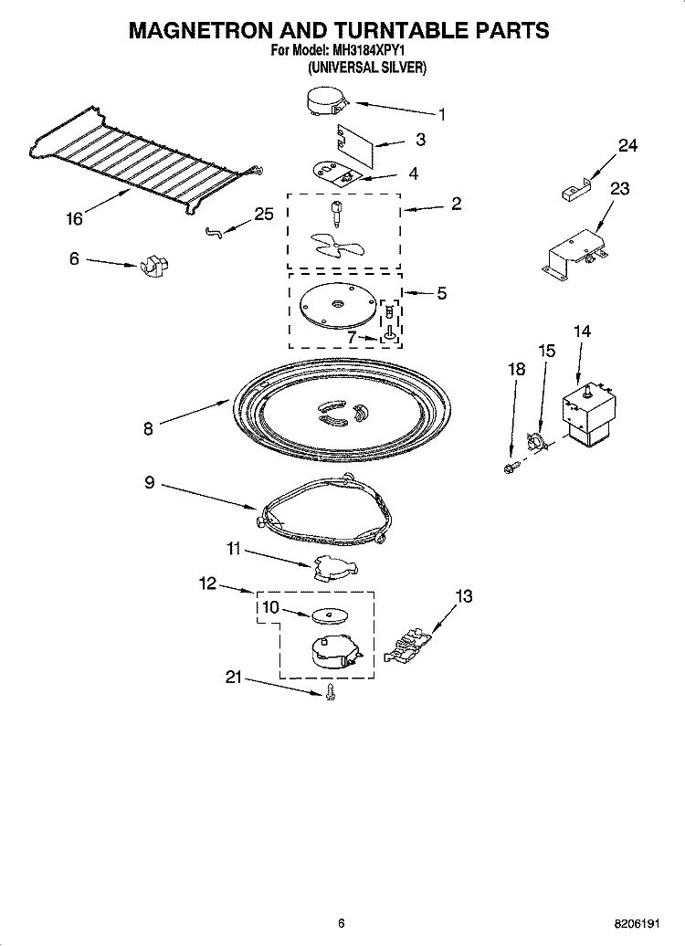 MAGNETRON AND TURNTABLE PARTS Diagram and Parts List for MH3184XPY1  Whirlpool Microwave