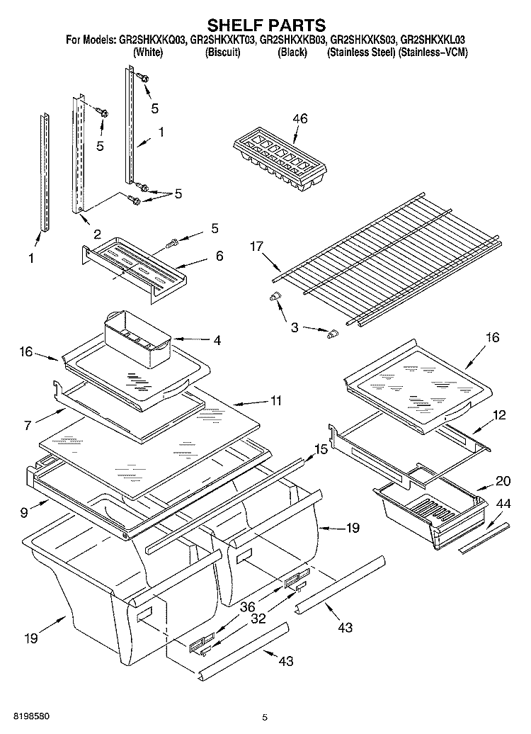 SHELF PARTS Diagram and Parts List for GR2SHKXKT03  Whirlpool Refrigerator