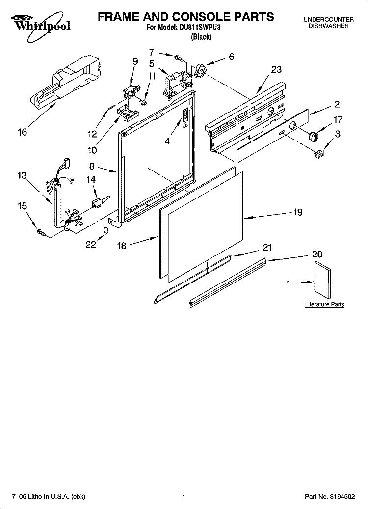 FRAME AND CONSOLE PARTS Diagram and Parts List for DU811SWPU3  Whirlpool Dishwasher