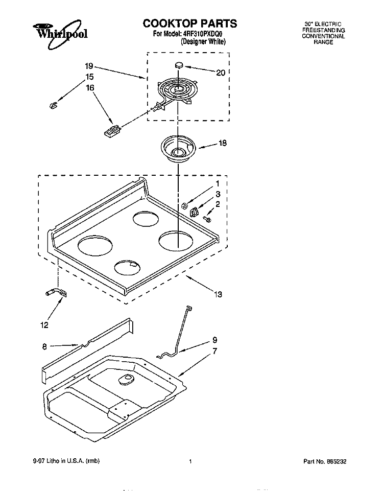 COOKTOP Diagram and Parts List for 4RF310PXDQ0  Whirlpool Range