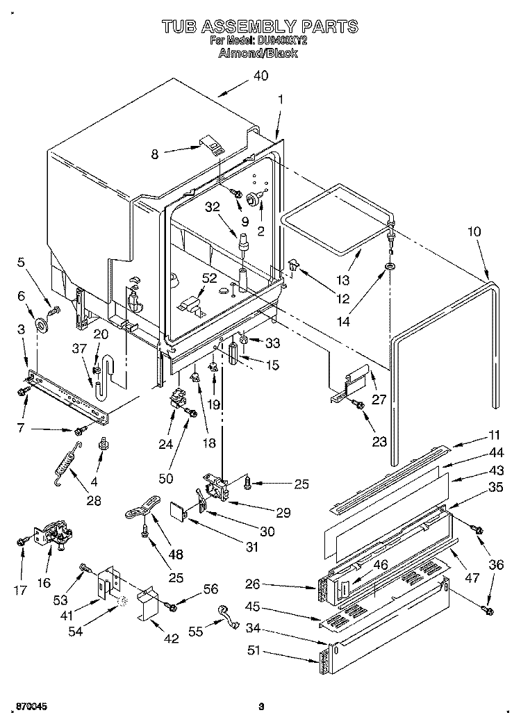 TUB ASSEMBLY Diagram and Parts List for DU9400XY2  Whirlpool Dishwasher