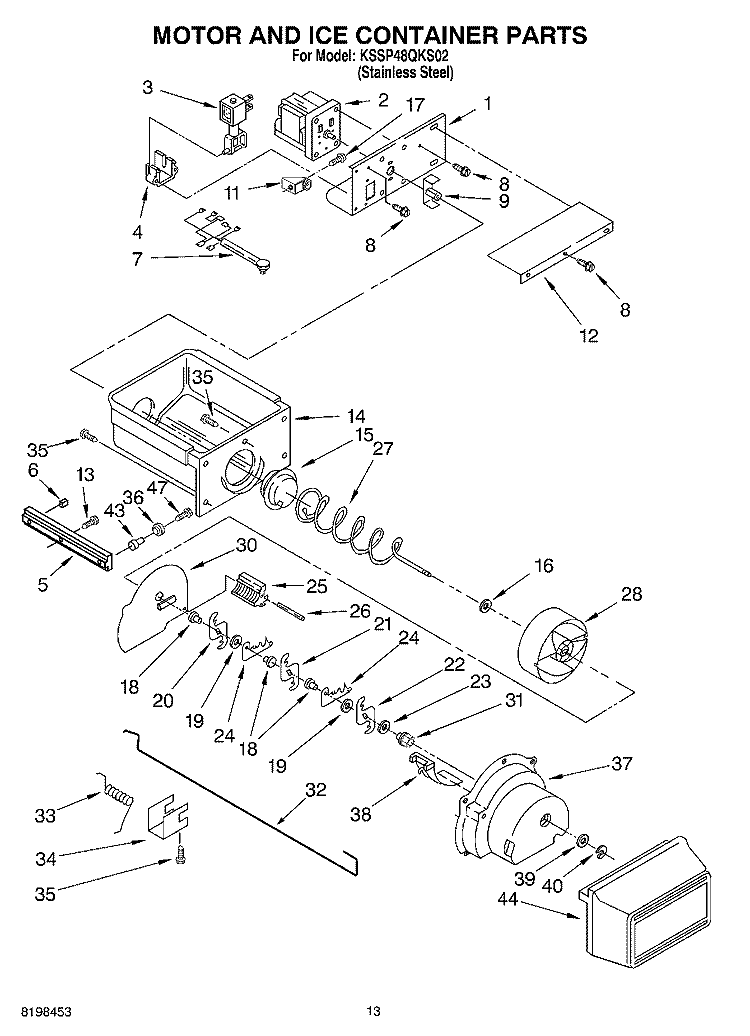 MOTOR AND ICE CONTAINER PARTS Diagram and Parts List for KSSP48QKS02  KitchenAid Refrigerator