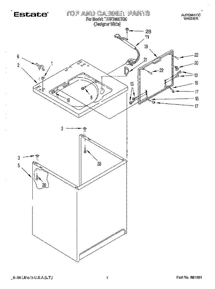 TOP AND CABINET Diagram and Parts List for TAWB600EQ0  Estate Washer