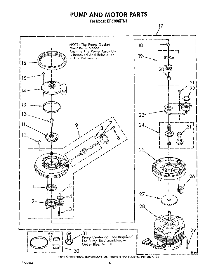 PUMP AND MOTOR Diagram and Parts List for DP8700XTN3  Whirlpool Dishwasher