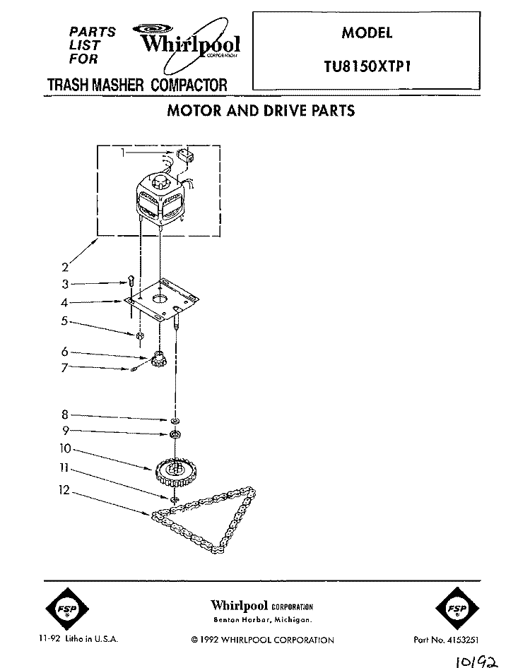 MOTOR AND DRIVE, LIT/OPTIONAL Diagram and Parts List for TU8150XTP1  Whirlpool Trash Compactor