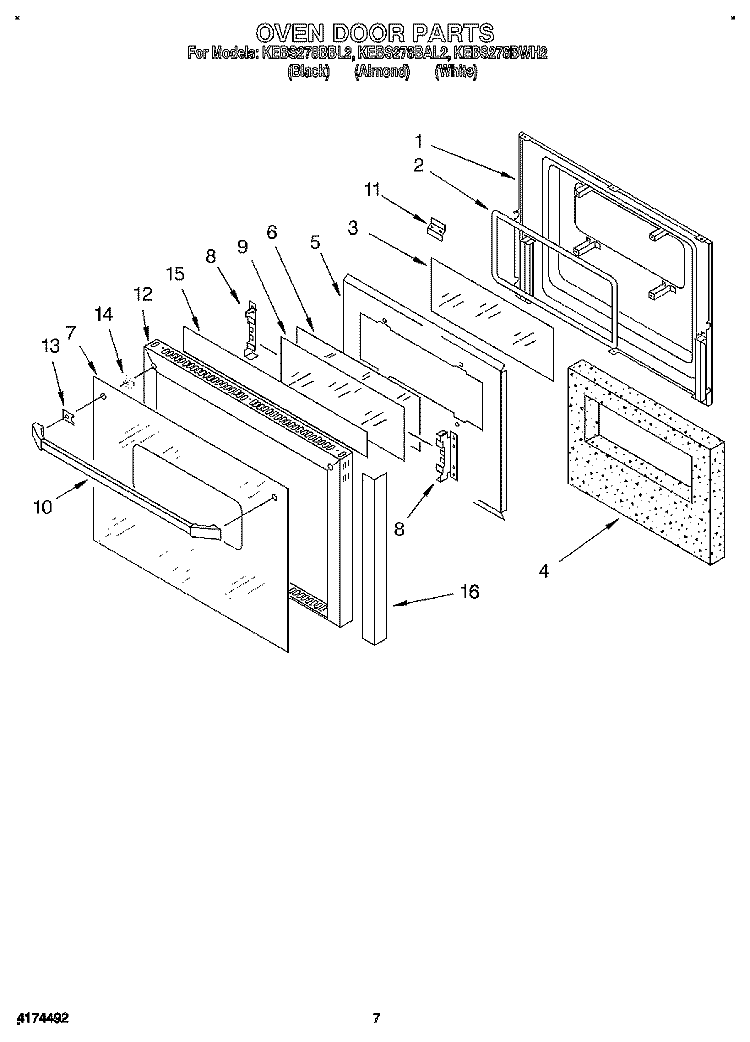 OVEN DOOR Diagram and Parts List for KEBS278BBL2  KitchenAid Wall Oven