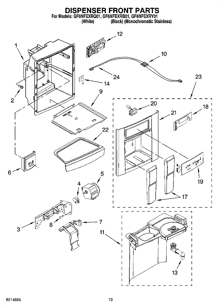 DISPENSER FRONT PARTS Diagram and Parts List for GF6NFEXRB01  Whirlpool Refrigerator