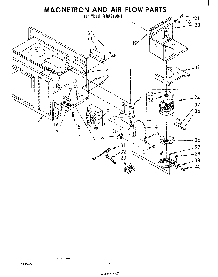 MAGNETRON AND AIR FLOW Diagram and Parts List for RJM71001  Whirlpool Microwave