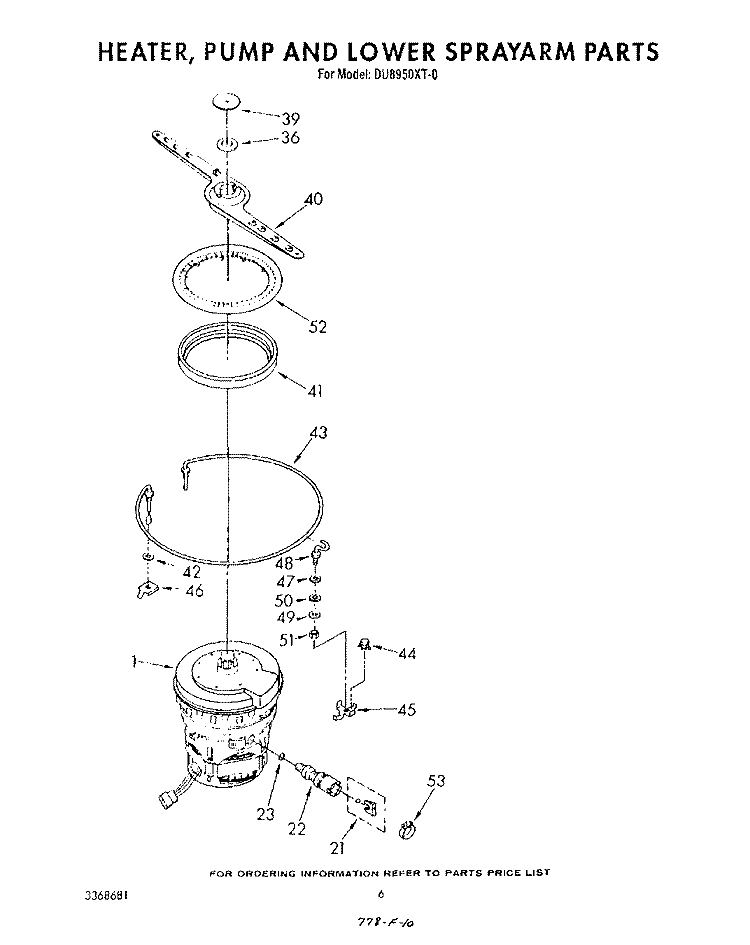HEATER, PUMP AND LOWER SPRAY ARM Diagram and Parts List for DU8950XT0  Whirlpool Dishwasher