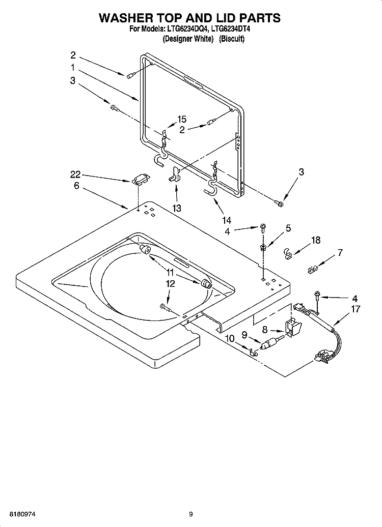 WASHER TOP AND LID PARTS Diagram and Parts List for LTG6234DT4  Whirlpool Washer Dryer Combo