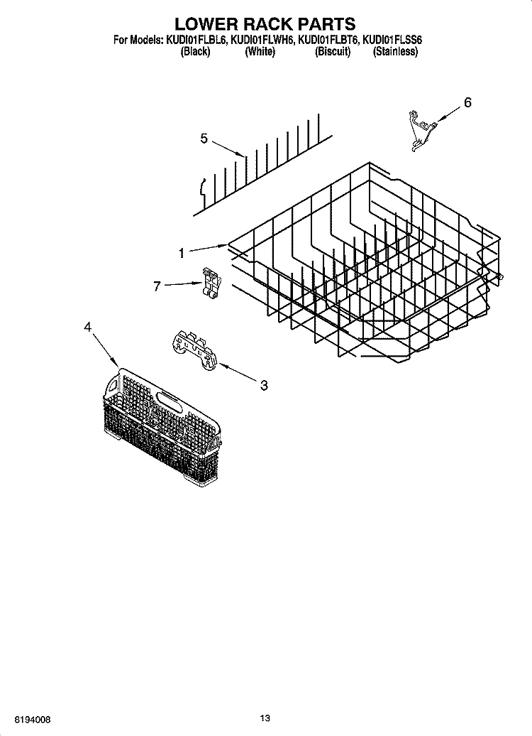 LOWER RACK PARTS, OPTIONAL PARTS (NOT INCLUDED) Diagram and Parts List for KUDI01FLSS6  KitchenAid Dishwasher