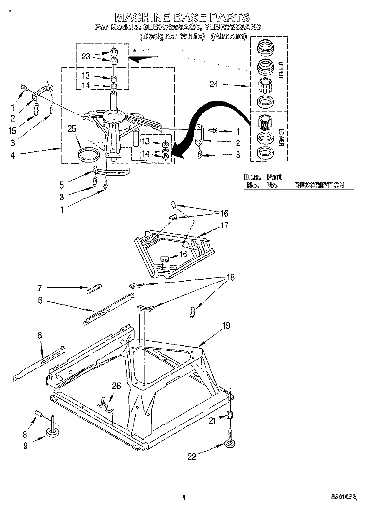 MACHINE BASE Diagram and Parts List for 3LBR7255AN0  Whirlpool Washer