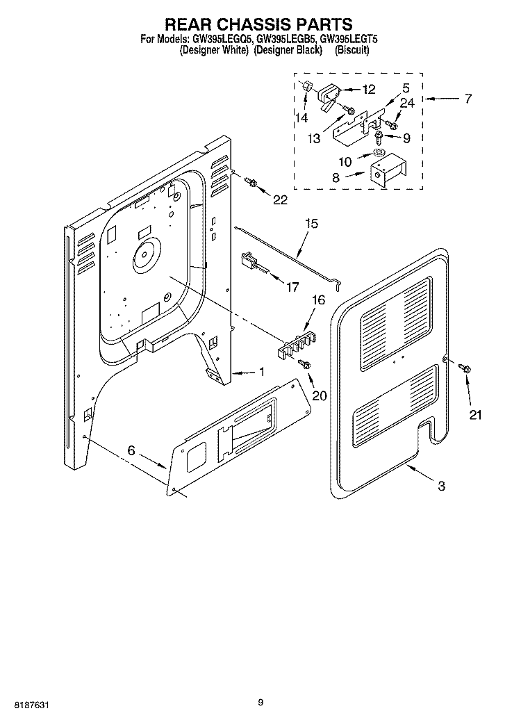 REAR CHASSIS Diagram and Parts List for GW395LEGQ5  Whirlpool Range