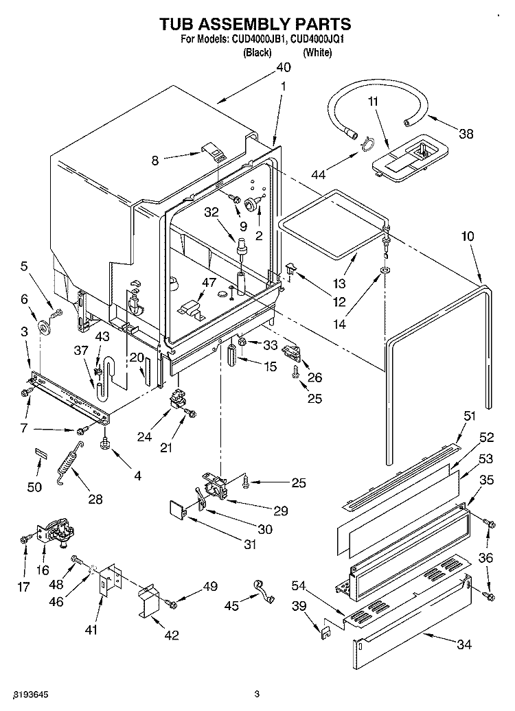 TUB ASSEMBLY Diagram and Parts List for CUD4000JB1  Crosley Dishwasher