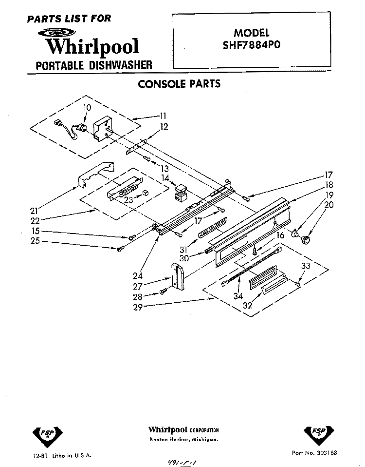 CONSOLE Diagram and Parts List for SHF7884P0  Whirlpool Dishwasher