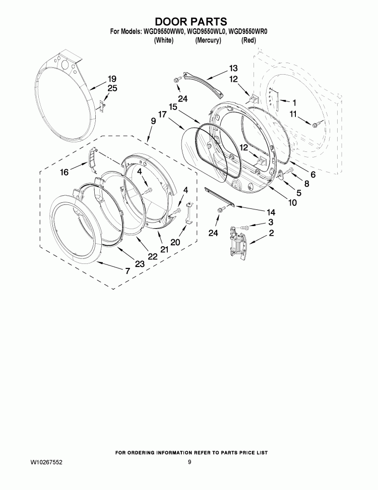 DOOR PARTS Diagram and Parts List for WGD9550WR0  Whirlpool Dryer