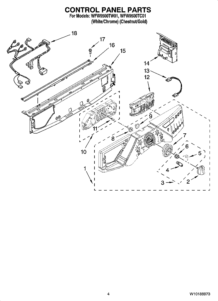 CONTROL PANEL PARTS Diagram and Parts List for WFW9500TC01  Whirlpool Washer
