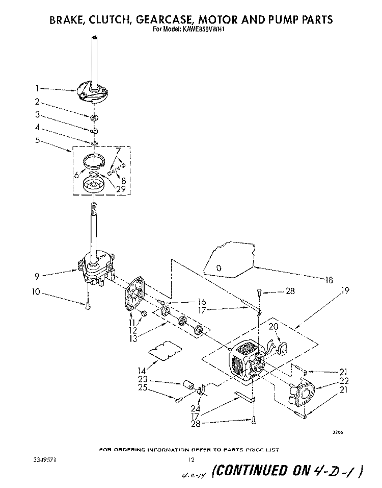 BRAKE, CLUTCH, GEARCASE, MOTOR AND PUMP Diagram and Parts List for KAWE850VAL1  KitchenAid Washer