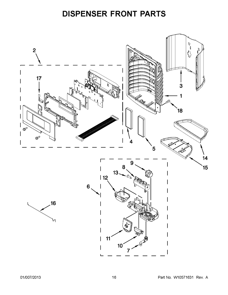 DISPENSER FRONT PARTS Diagram and Parts List for GI6FARXXY08  Whirlpool Refrigerator