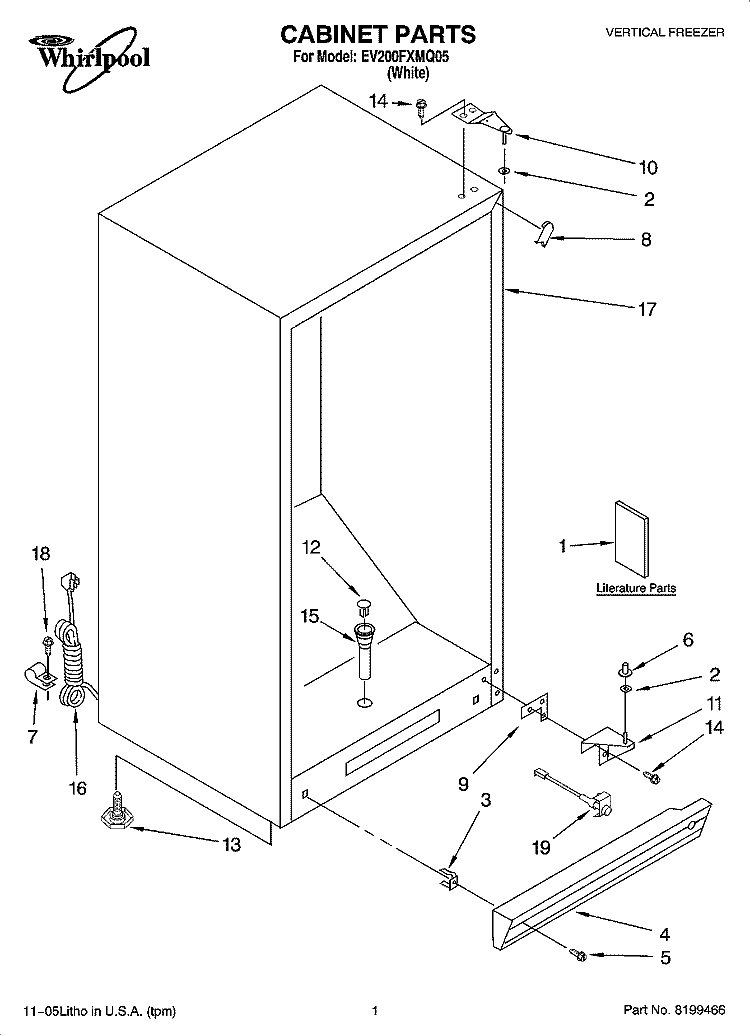 CABINET PARTS Diagram and Parts List for EV200FXMQ05  Whirlpool Freezer