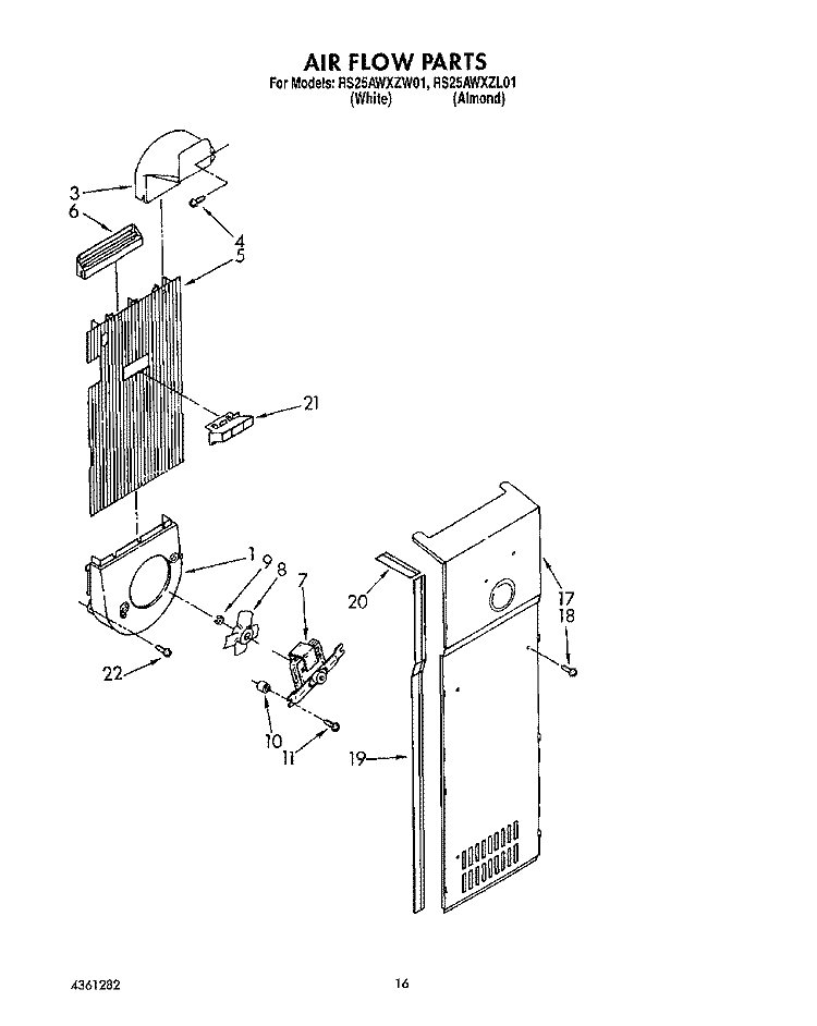 AIR FLOW Diagram and Parts List for RS25AWXZW01  Whirlpool Refrigerator