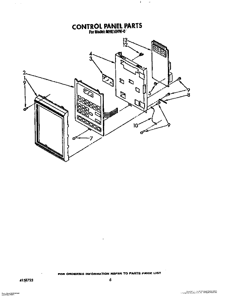 CONTROL PANEL Diagram and Parts List for MHE10VW0  Roper Microwave