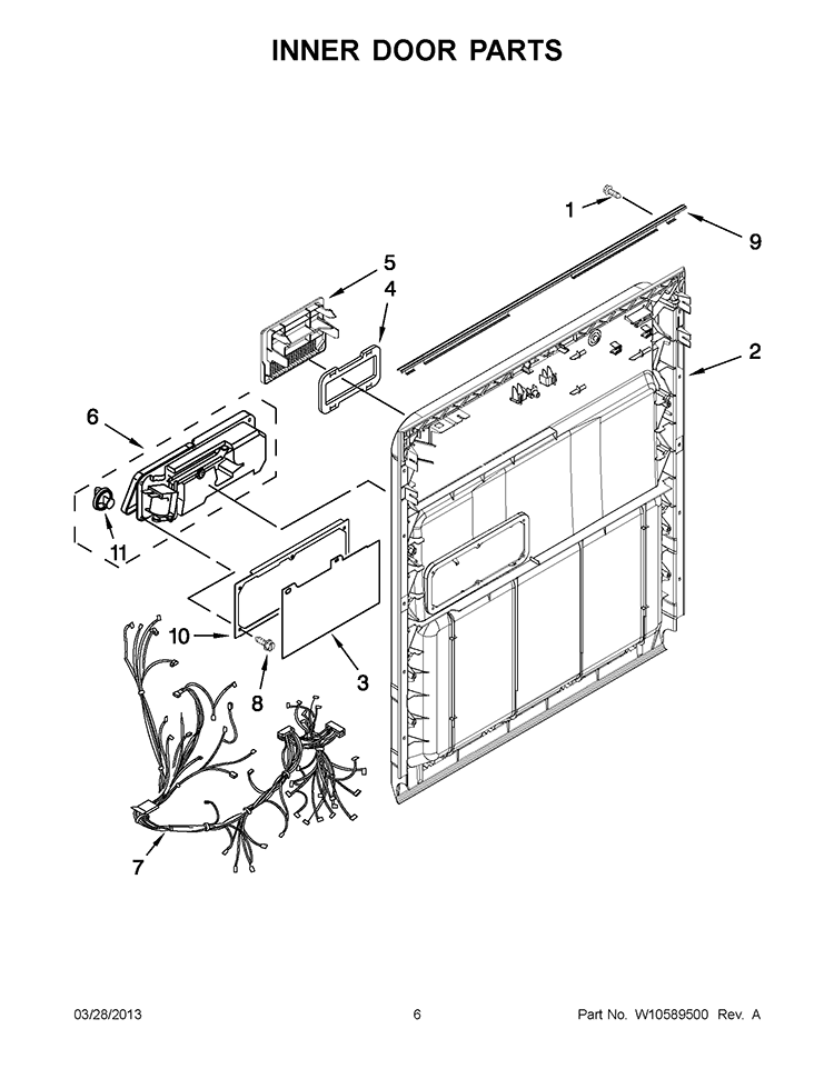 INNER DOOR PARTS Diagram and Parts List for IUD6100BB0  Whirlpool Dishwasher